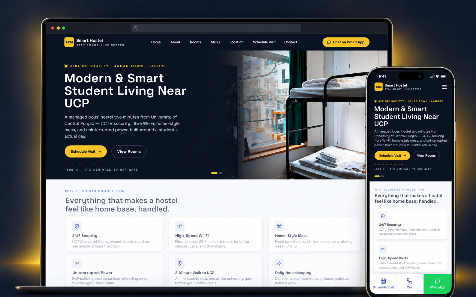 T2M Smart Hostel website shown in desktop and responsive mobile layouts