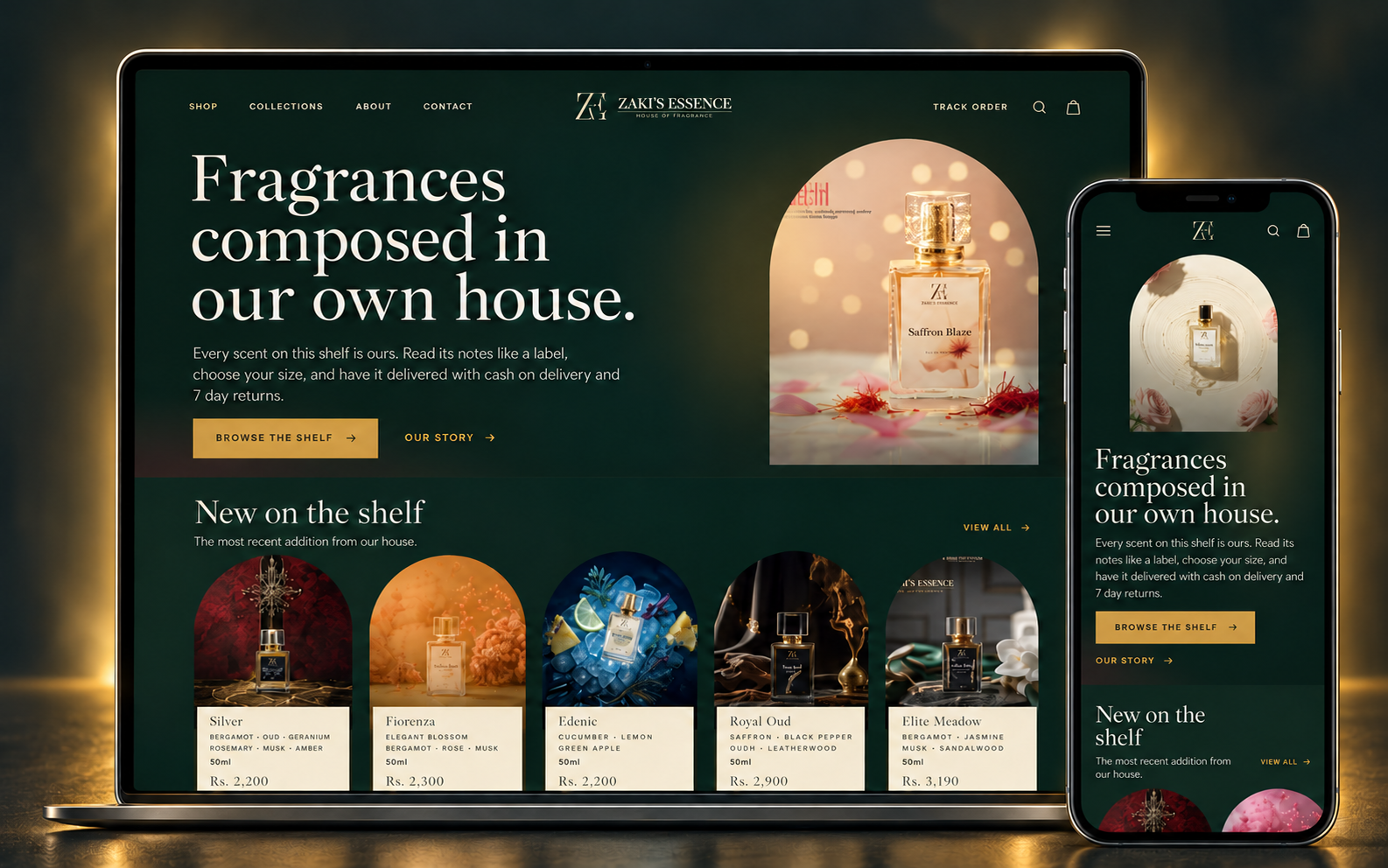 Zaki's Essence fragrance storefront shown on responsive desktop and mobile devices
